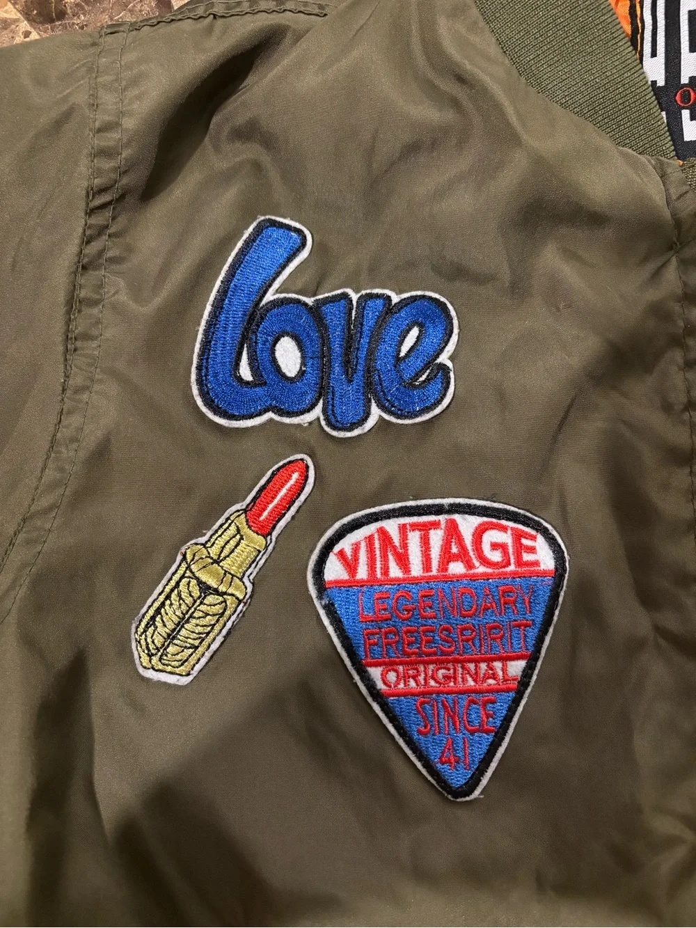 Kids Olive Green Bomber Jacket with Patch Details